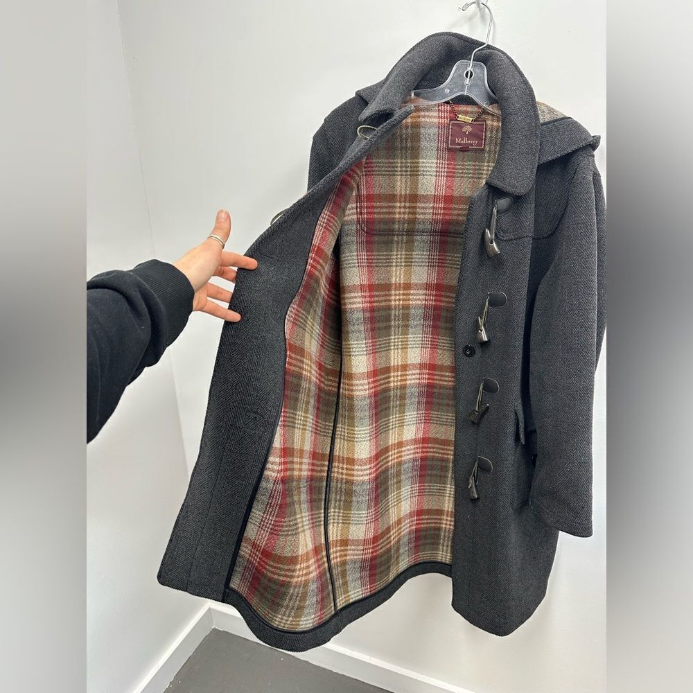 Vintage Mulberry London 90's Gray Wool Herringbone Hooded Toggle Pea Coat Size M - Picture 9 of 13